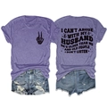 Detail of the humor slogan print on back of purple short-sleeve crewneck t-shirt - Purple (Black Print)