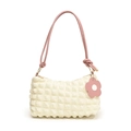 Minimalist beige ruched shoulder bag with pink braided handle and floral charm detail - White and Pink