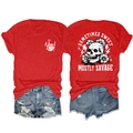Vue à plat d'un t-shirt rouge avec imprimé floral de crâne et short en jean déchiré - S / Rouge