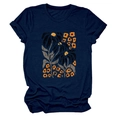 Close-up of abstract yellow floral print on a navy blue round neck short sleeve T-shirt - Navy Blue (Graphic)