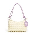 Chic cream bubble texture shoulder bag with purple drawstring strap and floral tag - White and Purple