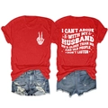 Detail of red crewneck T-shirt with white text print and ripped blue denim shorts - Red (White Print)