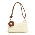 Chic cream bubble texture underarm bag with brown knotted strap and floral charm - White and Brown