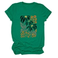 Close-up of emerald green cotton T-shirt featuring hand-painted floral print and rolled sleeves - Dark Green (Graphic)
