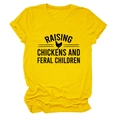 Detail of printed RAISING CHICKENS AND FERAL CHILDREN text on a yellow cotton t-shirt - S / Yellow (Black Font)