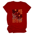 Close-up of elegant floral print and texture on deep red short sleeve crewneck T-shirt - Red (Graphic)