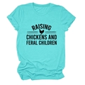 Close-up of raising chickens and feral children slogan and rooster print on teal tee - S / Deep Water Blue (Black Font)
