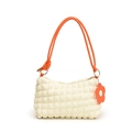 Minimalist popcorn textured shoulder bag in cream white with orange rope handles - White and Orange