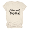Detail of cream short sleeve t-shirt with Ask me about Real Estate print and house icon - S / Sand (Black Font)