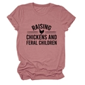 Detail of Raising Chickens slogan print on dusty rose crew neck cotton t-shirt - S / Rose Gold (Black Font)