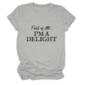 Close-up of the grey cotton t-shirt with First of All I'M A DELIGHT printed lettering - Light Grey (Black Font)