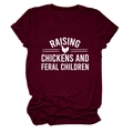 Close-up of Raising Chickens and Feral Children slogan on a burgundy cotton t-shirt - S / Wine Red (White Font)