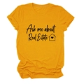 Detail of 'Ask me about Real Estate' text and house graphic on yellow cotton t-shirt - S / Mustard Yellow (Black Font)