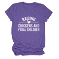 Detail of purple cotton t-shirt with Raising Chickens text and rooster graphic design - S / Purple (White Font)