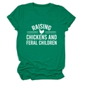 Detail of green cotton T-shirt featuring Raising Chickens and Feral Children print - S / Dark Green (White Font)