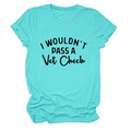 Detailed view of casual crew neck T-shirt with black text print on bright turquoise fabric - Deep Water Blue (Black Print)