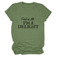 Detail of olive green cotton T-shirt featuring First of All... I'M A DELIGHT text print - Olive Green (Black Font)