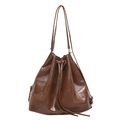 Bolso saco minimalista de cuero marrón con diseño de retazos y cierre de cordón ajustable - Marrón