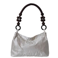 Borsa in raso grigio argento con ricamo floreale rosa e manici in perline di legno - Stile 2 Senza Ciondolo