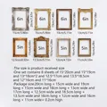 Size chart for 8 vintage style photo frame stickers with detailed dimensions in inches - 8-Piece Retro Photo Frame Set (ATW6011-ZY)