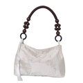 Beige floral silk handbag with traditional Chinese window patterns and wood bead handles - Style Two With Bear Charm