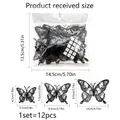 Size chart for 3D skull rose butterfly wall decals showing 12 pieces in three various sizes - Solid Black Skull Pattern Style (PY4005)