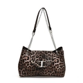 Retro leopard print crescent bag with silver T-buckle and metal chain strap - Brown Leopard