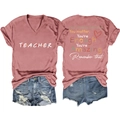 Front and back detail of pink V-neck t-shirt with Teacher print and denim shorts - Rose Gold (White Print)