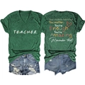 Detailed view of dark green V-neck teacher t-shirt back with inspirational quote text - Vintage Green