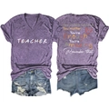 Detail view of purple Teacher V-neck tee with colorful dots and back quote print - Purple (White Print)
