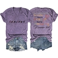 Detail of teacher slogan t-shirt back text and distressed denim shorts set - Purple (Black Print)