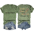 Detail of teacher slogan print on moss green V-neck tee with denim shorts back view - Olive Green