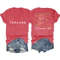 Detail of red V-neck T-shirt with 'Teacher' print and motivational quote on back - Red