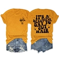 Dettaglio retro della t-shirt gialla con testo 'IT'S A BEAUTIFUL DAY TO CUT HAIR' e grafica - S / Giallo Senape (Stampa Nera)