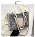 Gray shoulder tote bag with pleated texture and decorative pearl floral chain - Gray