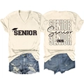 Flat lay of cream V-neck T-shirt with Senior 2026 print and blue denim shorts set - S / Sand (Black Font)