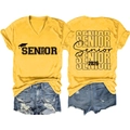 Detail of V-neck yellow t-shirt with Senior 2026 print and distressed denim shorts - S / Yellow (Black Text)