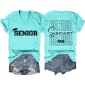 Front and back view of V-neck light blue T-shirt featuring Senior 2026 graduation print - S / Deep Water Blue (Black Font)