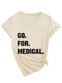 Detail of beige V-neck T-shirt with GO FOR MEDICAL print and stylish front knot detail - S / Sand (Black Print)
