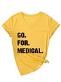 Detail of yellow V-neck t-shirt with GO FOR MEDICAL print and stylish side knot hem - S / Yellow (Black Print)