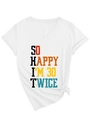 Close-up of a white V-neck T-shirt with a humorously printed logo and a stylish front knot - S / White