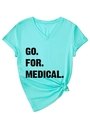 Close-up of Tiffany blue V-neck T-shirt with GO FOR MEDICAL text and bottom knot detail - S / Tiffany Blue (Black Print)