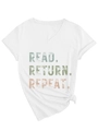 Detail of the V-neck cotton T-shirt with vintage Read Return Repeat graphic and side knot - S / White