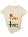 Detail of V-neck beige t-shirt with So Happy I'm 30 Twice graphic and knotted hem - S / Sand