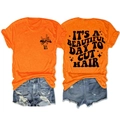 Vue détaillée avant et arrière du t-shirt orange avec imprimés sur le thème coiffeur - Orange (Imprimé Noir)