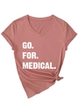 Close-up of V-neck dusty pink T-shirt featuring a rolled sleeve and stylish front knot detail - S / Rose Gold (White Print)