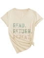 Detail of V-neck T-shirt with Read Return Repeat print and stylish side knot design - S / Sand