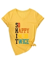 Detail of V-neck yellow T-shirt with 'So Happy I'm 30 Twice' text and knotted hem decor - S / Yellow