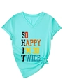 Detail of mint green V-neck T-shirt with 'So Happy I'm 30 Twice' vertical print - S / Deep Water Blue