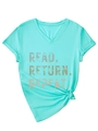 Detail of V-neck mint green T-shirt with Read Return Repeat vintage letter print and side knot - S / Deep Water Blue